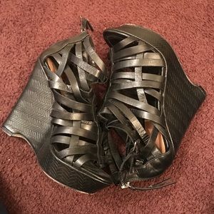 True Religion Black leather strapped wedge heels!